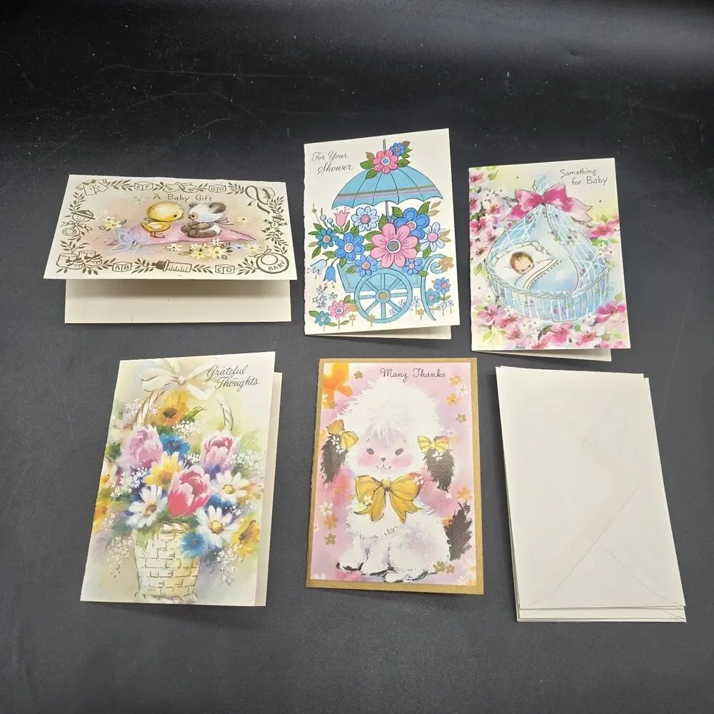 Lot Of 5 Vintage Small Greeting Cards Baby Shower Thank You